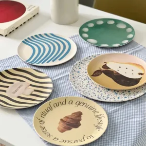 Nordic Dining Plate Printed Round Bamboo Fiber